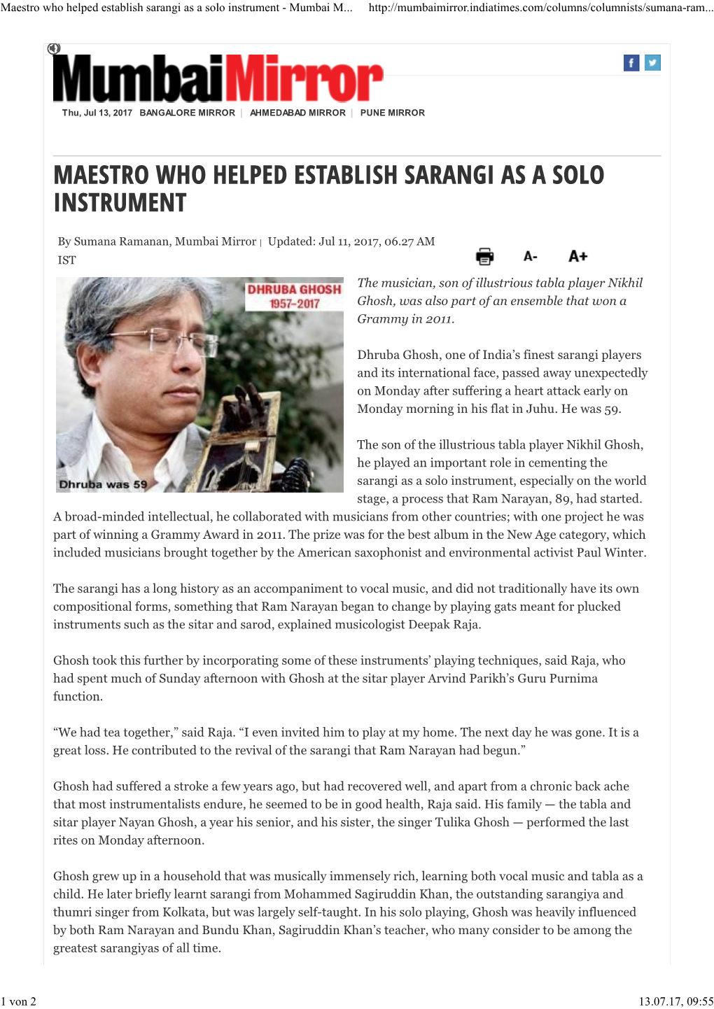 Maestro Who Helped Establish Sarangi As a Solo Instrument - Mumbai M