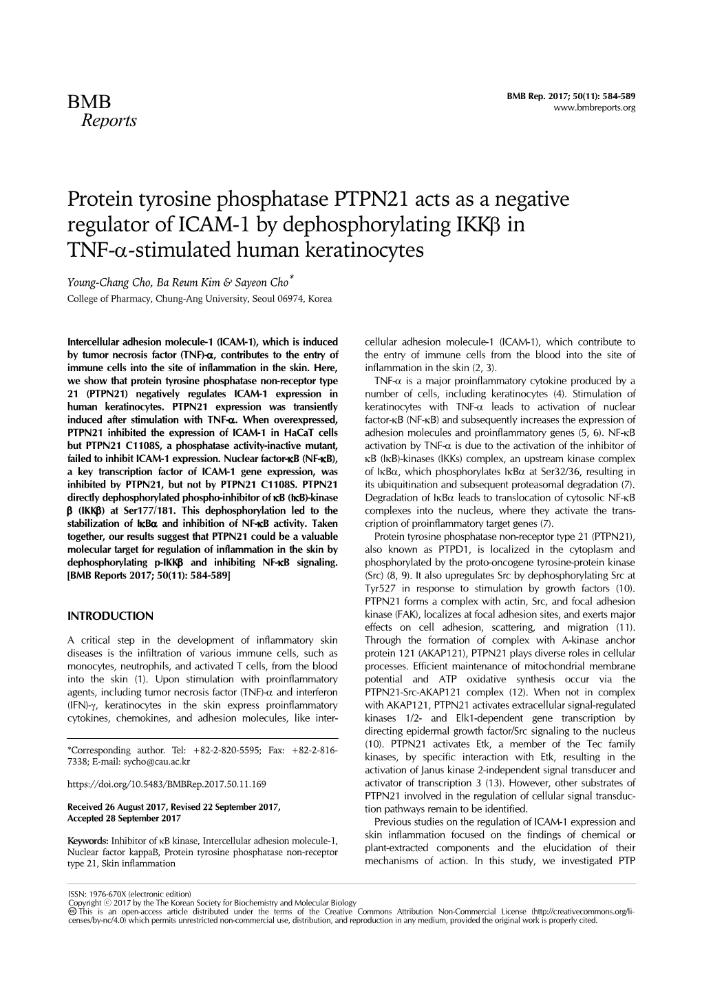 Protein Tyrosine Phosphatase PTPN21 Acts As a Negative Regulator of ICAM-1 by Dephosphorylating IKK in TNF--Stimulated Human Keratinocytes