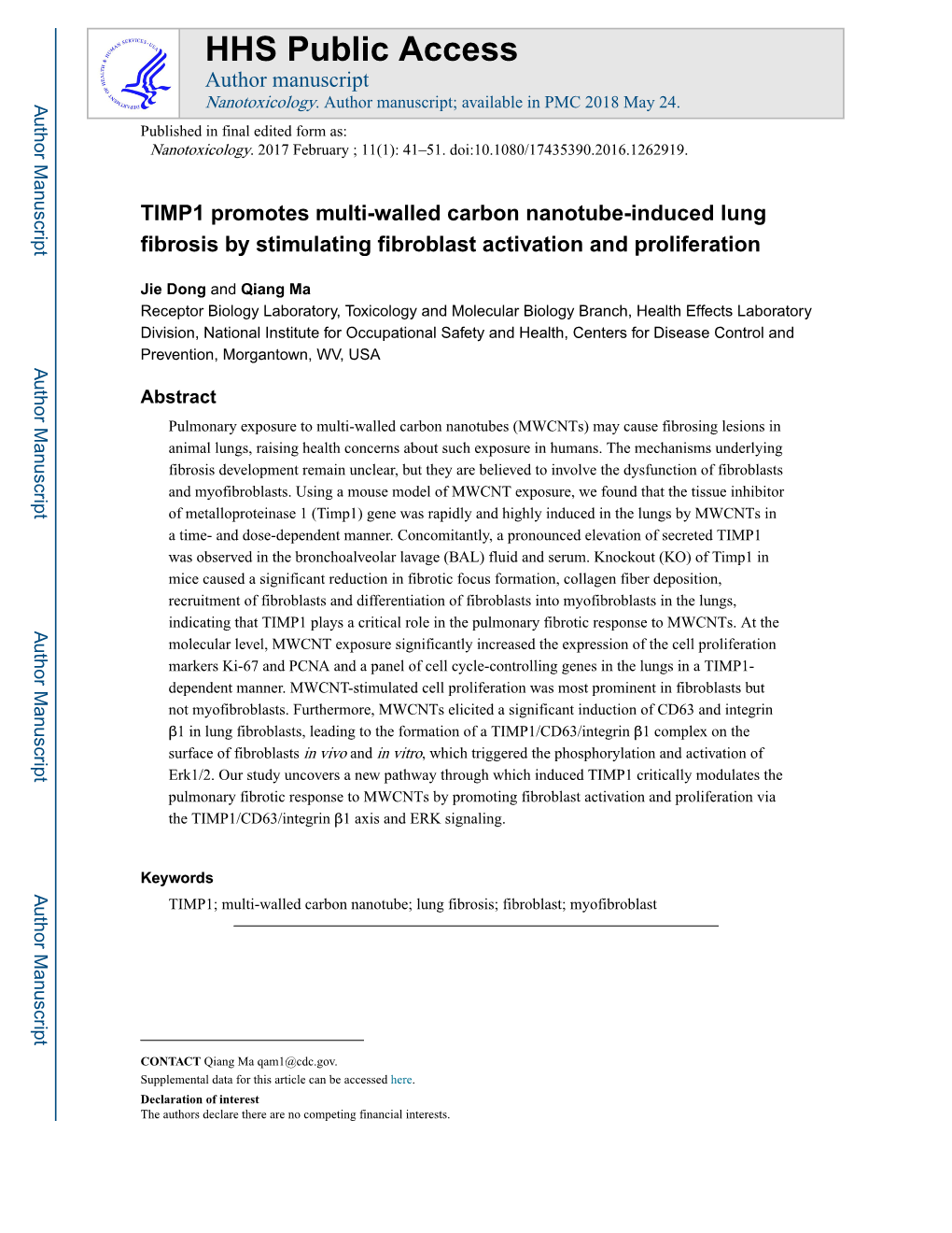 TIMP1 Promotes Multi-Walled Carbon Nanotube-Induced Lung Fibrosis by Stimulating Fibroblast Activation and Proliferation