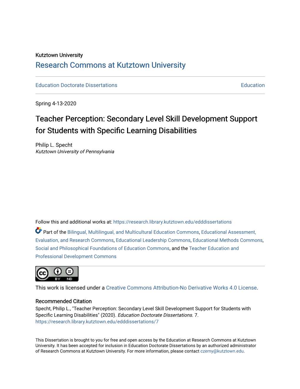 Teacher Perception: Secondary Level Skill Development Support for Students with Specific Learning Disabilities