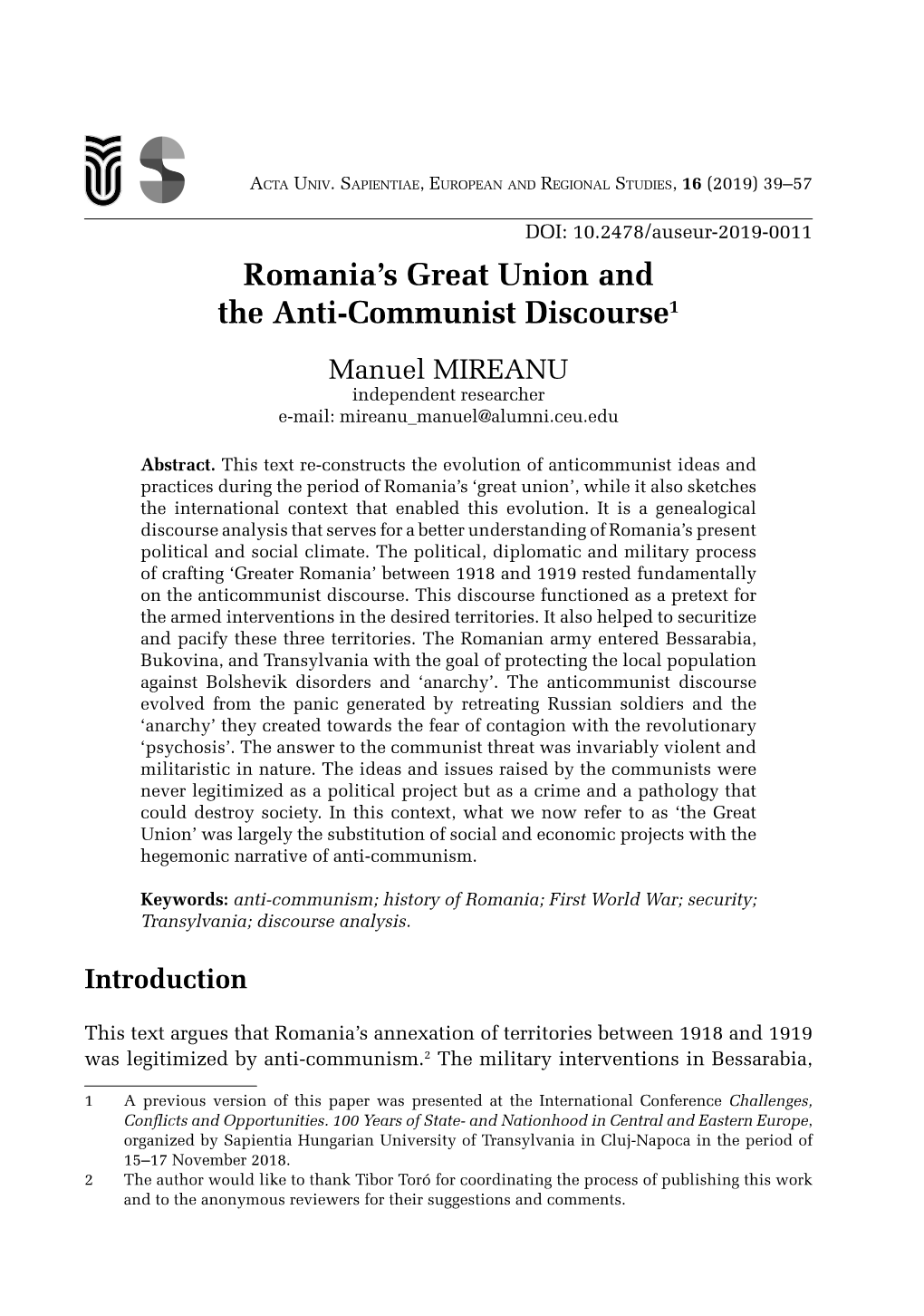 Romania's Great Union and the Anti-Communist Discourse1