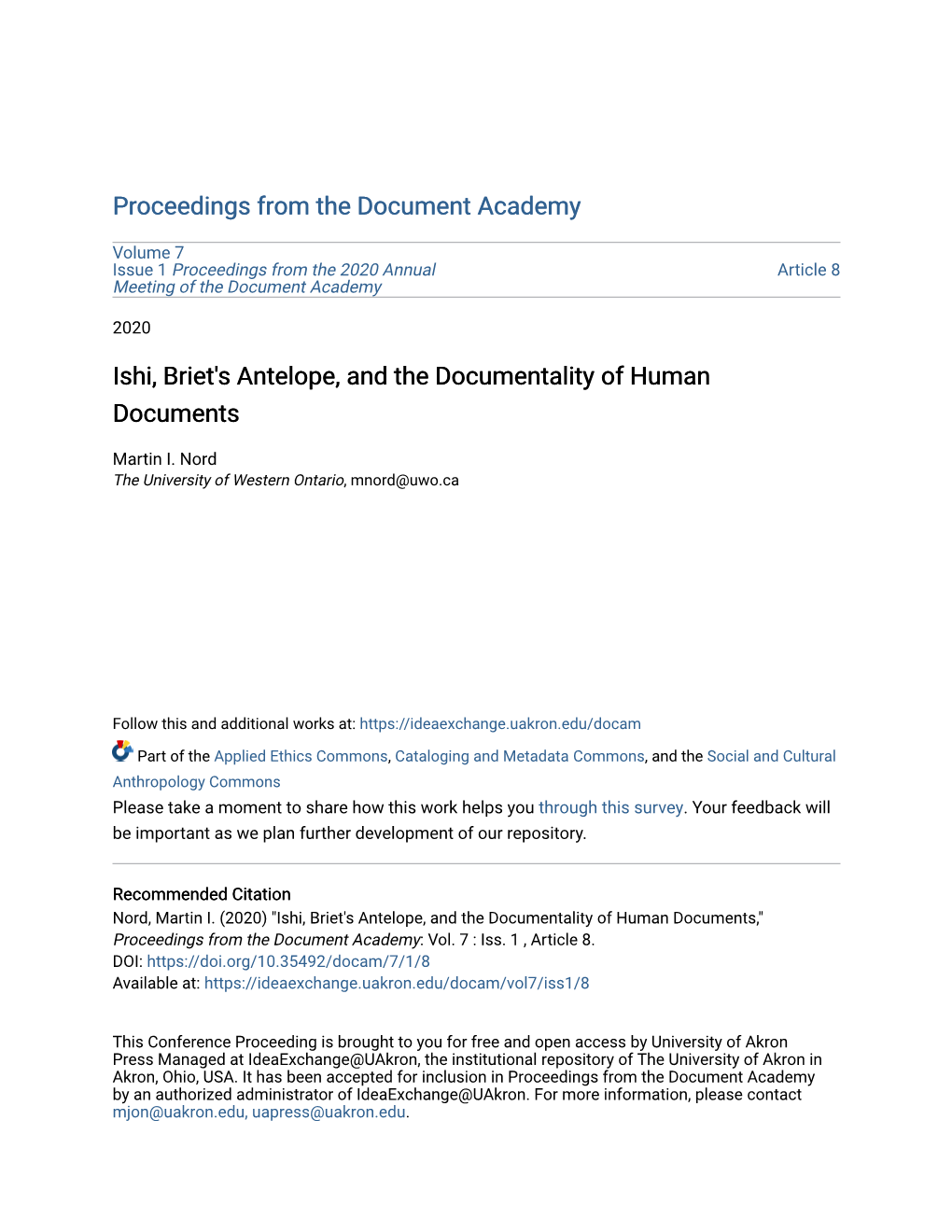 Ishi, Briet's Antelope, and the Documentality of Human Documents