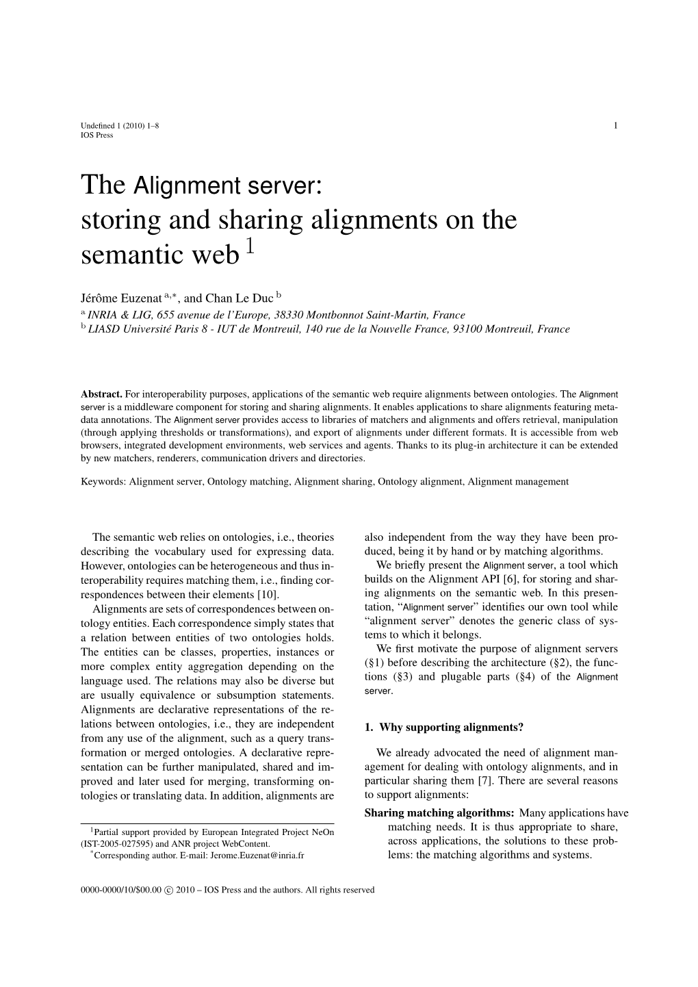 Storing and Sharing Alignments on the Semantic Web 1