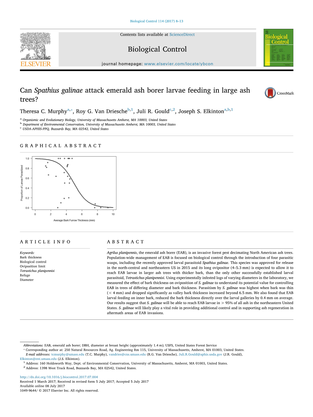 Can Spathius Galinae Attack Emerald Ash Borer Larvae Feeding in Large Ash MARK Trees? ⁎ Theresa C