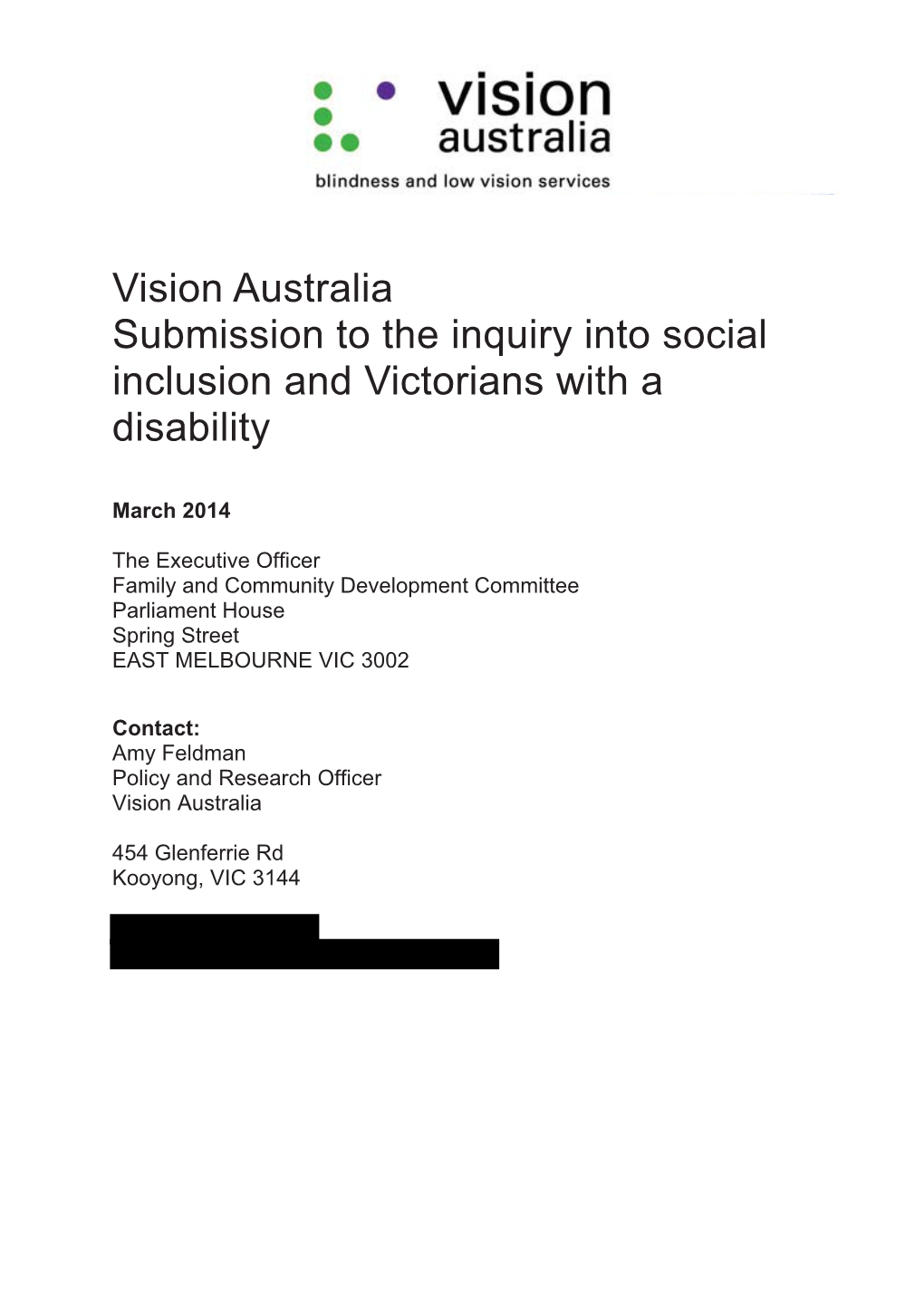 Vision Australia Submission to the Inquiry Into Social Inclusion and Victorians with a Disability