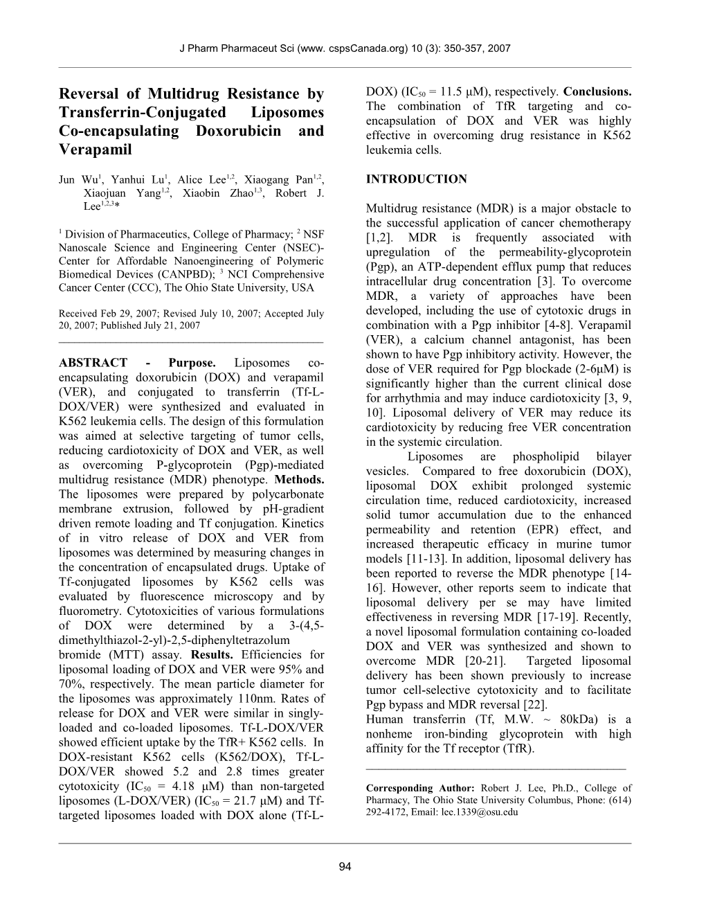 Reversal of Multidrug Resistance by Transferrin-Targeted Liposomes Co-Encapsulating Doxorubicin