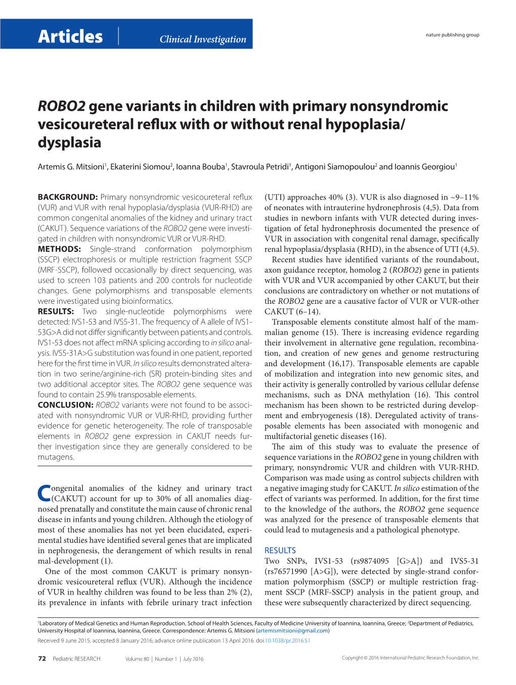 ROBO2 Gene Variants in Children with Primary Nonsyndromic Vesicoureteral Reflux with Or Without Renal Hypoplasia/ Dysplasia