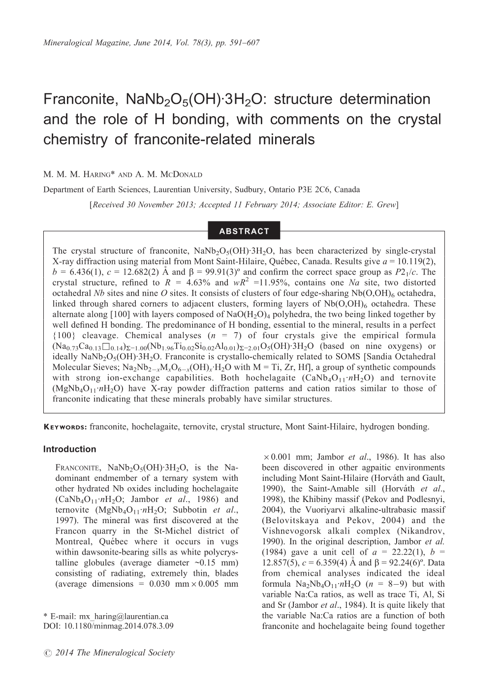 Structure Determination and the Role of H Bonding, with Comments on the Crystal Chemistry of Franconite-Related Minerals