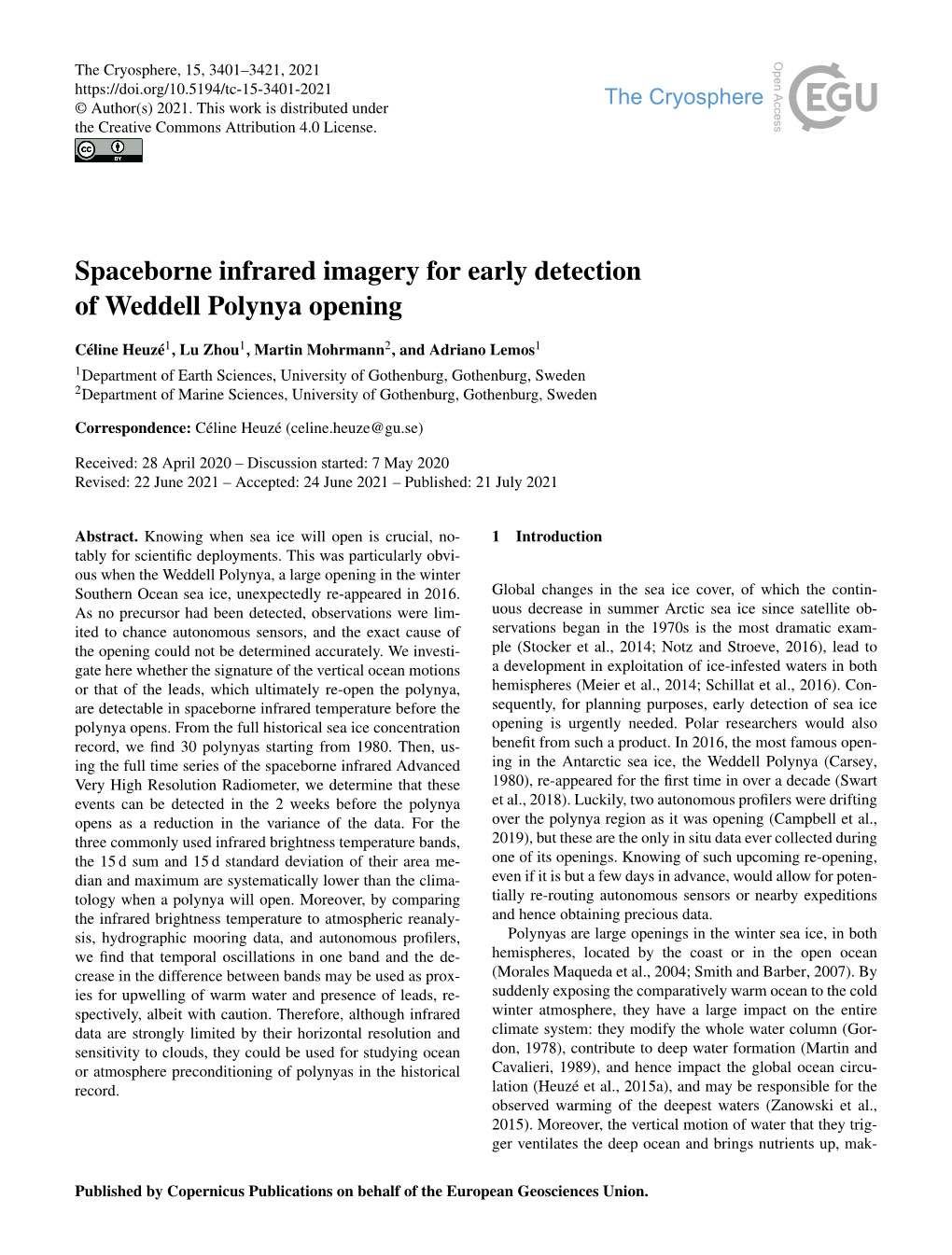 Spaceborne Infrared Imagery for Early Detection of Weddell Polynya Opening