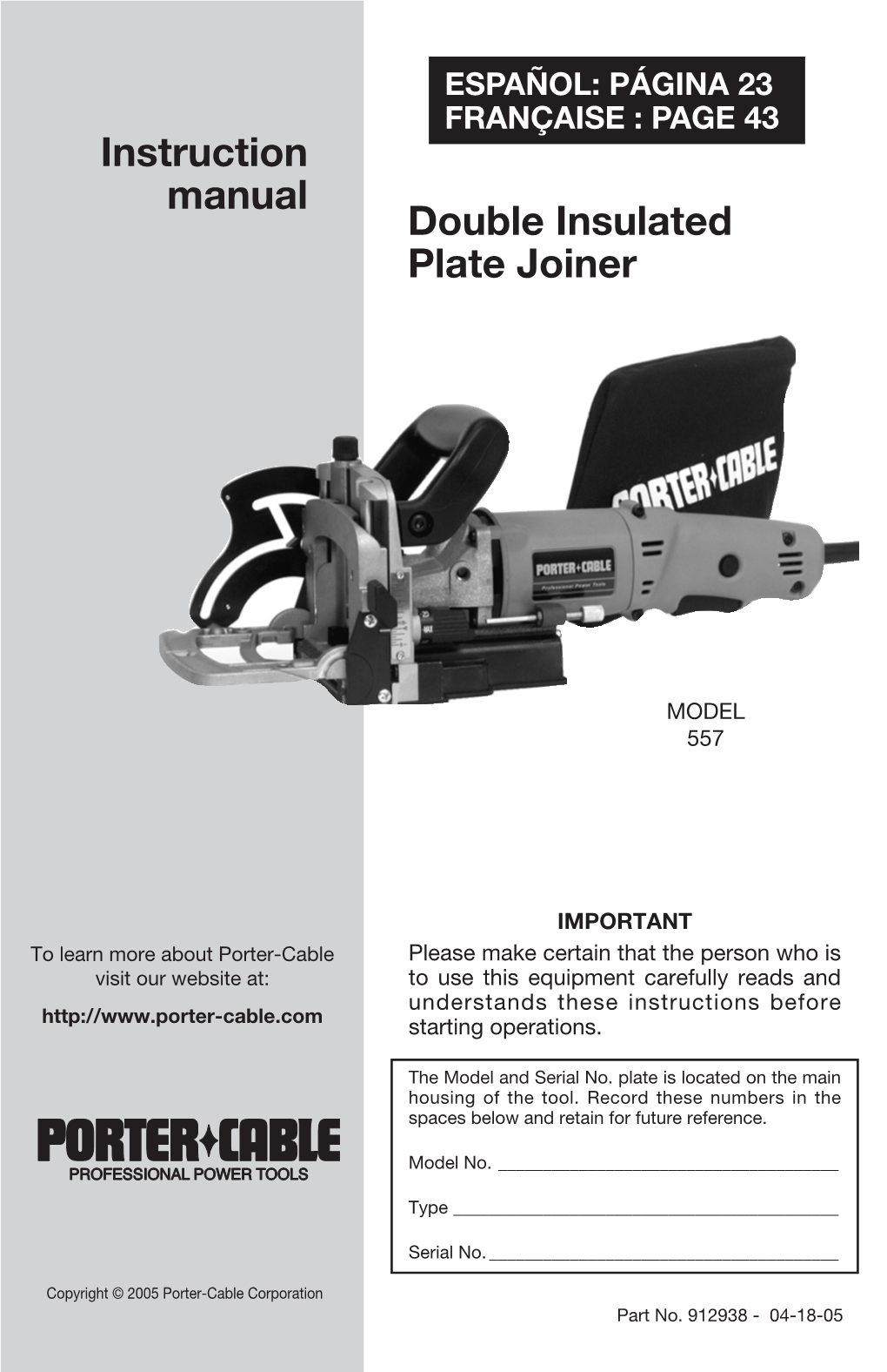 PORTER-CABLE Plate Joiner Kit Instruction Manual