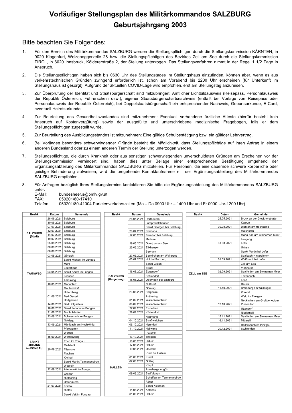 Vorläufiger Stellungsplan Des Militärkommandos SALZBURG Geburtsjahrgang 2003