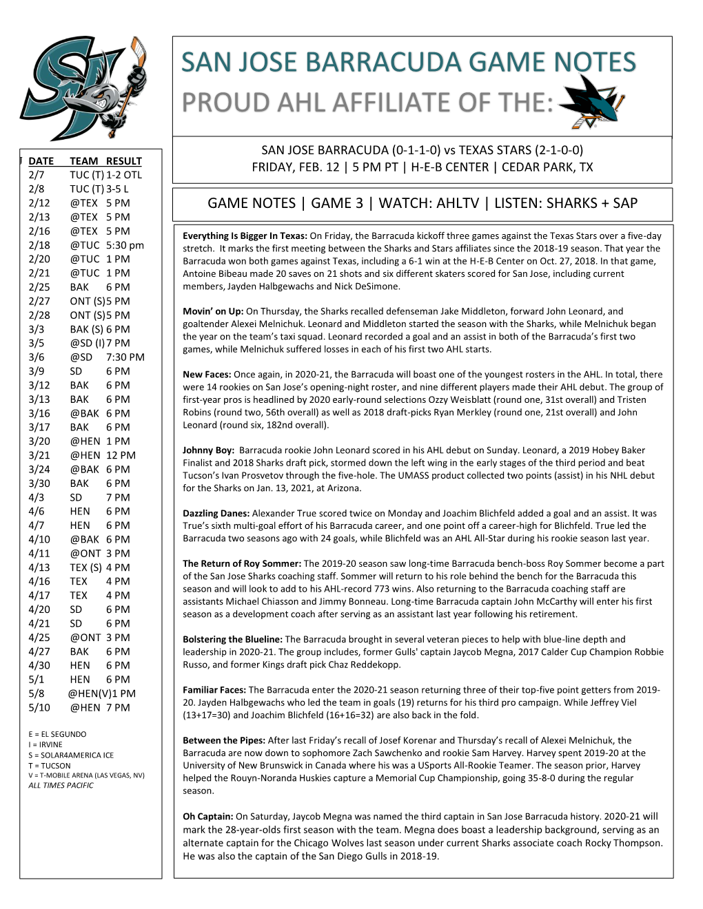 San Jose Barracuda Game Notes Proud Ahl Affiliate