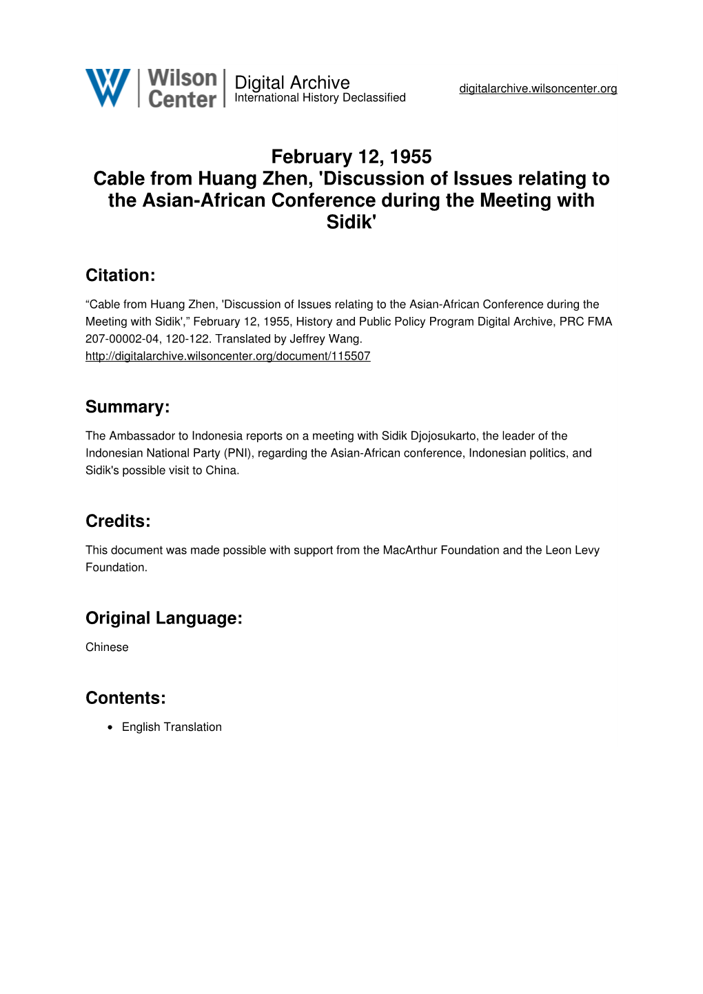 February 12, 1955 Cable from Huang Zhen, 'Discussion of Issues Relating to the Asian-African Conference During the Meeting with Sidik'