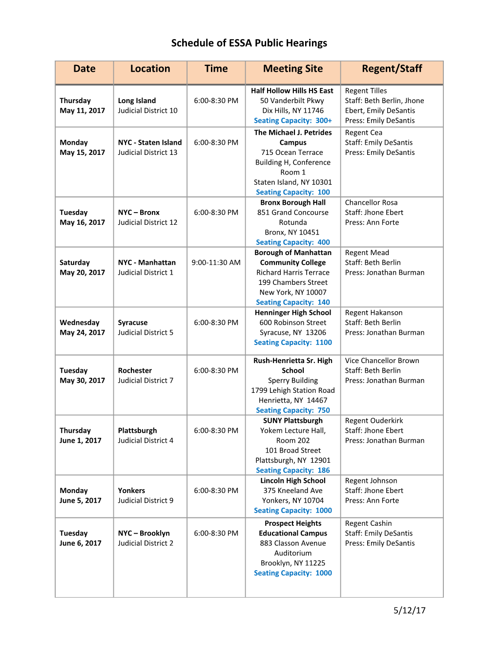 Schedule of ESSA Public Hearings