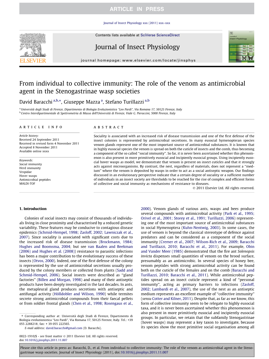 Journal of Insect Physiology Xxx (2011) Xxx–Xxx