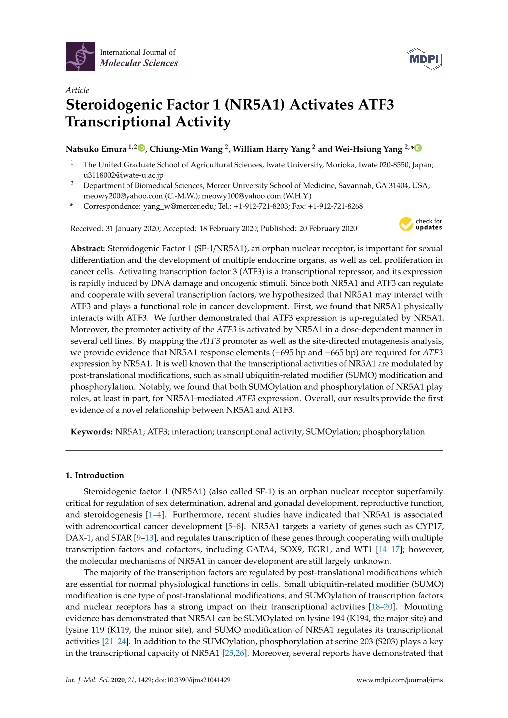 Steroidogenic Factor 1 (NR5A1) Activates ATF3 Transcriptional Activity