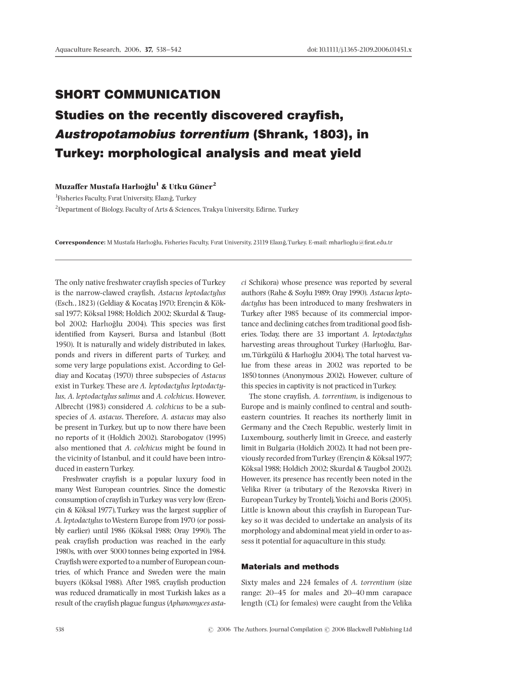 Austropotamobius Torrentium (Shrank, 1803), in Turkey: Morphological Analysis and Meat Yield