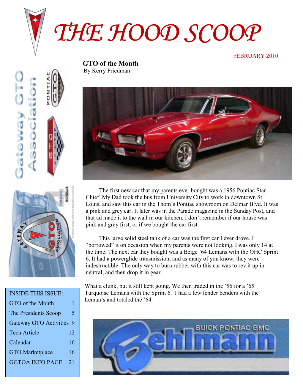 THE HOOD SCOOP FEBRUARY 2010 GTO of the Month by Kerry Friedman