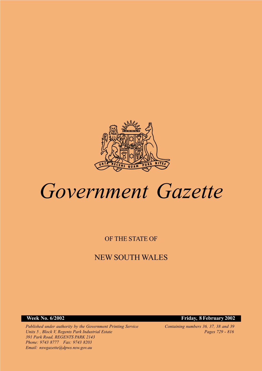 New South Wales Government Gazette No. 6 of 8 February 2002