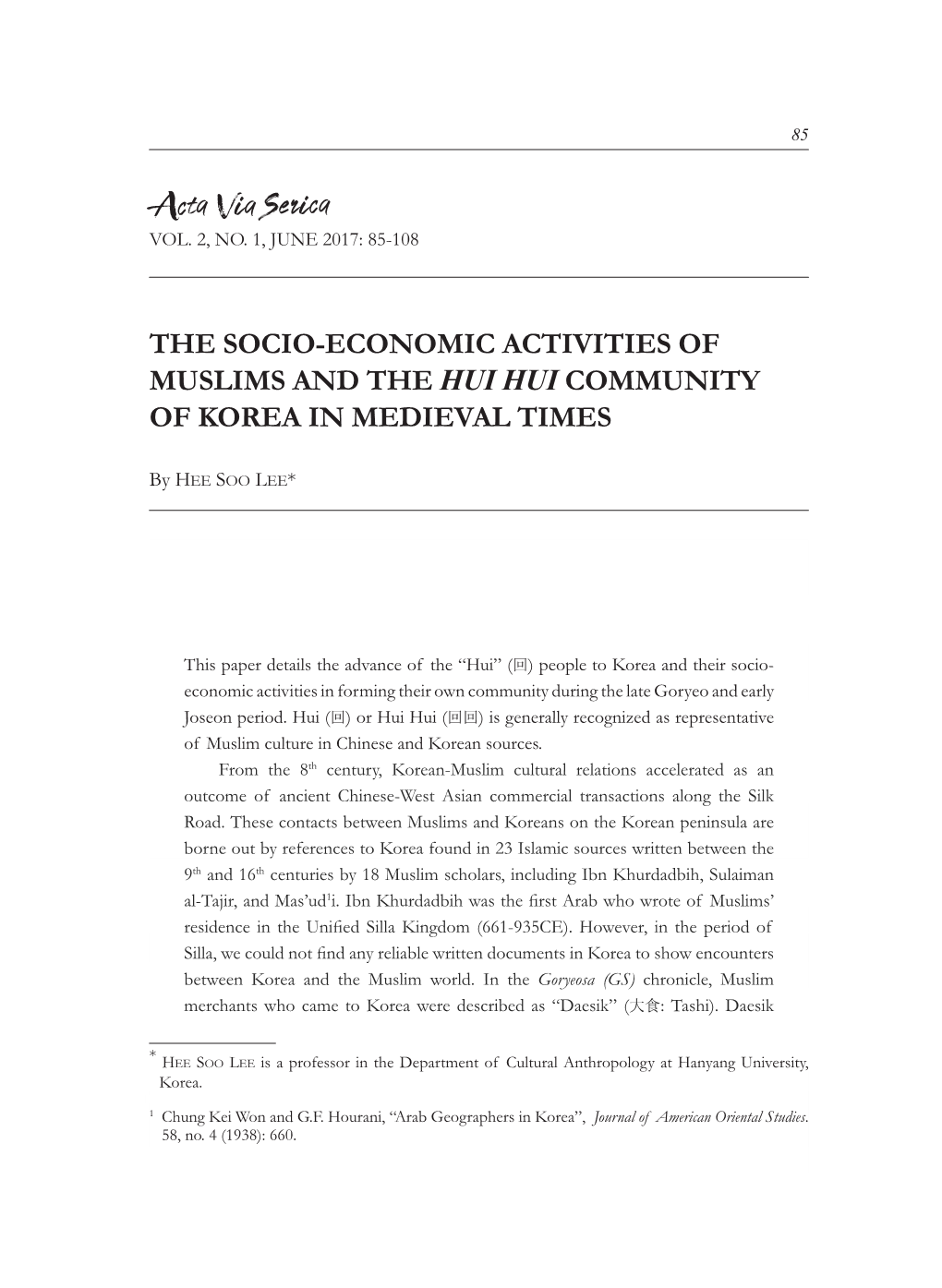 The Socio-Economic Activities of Muslims and the Hui Hui Community of Korea in Medieval Times