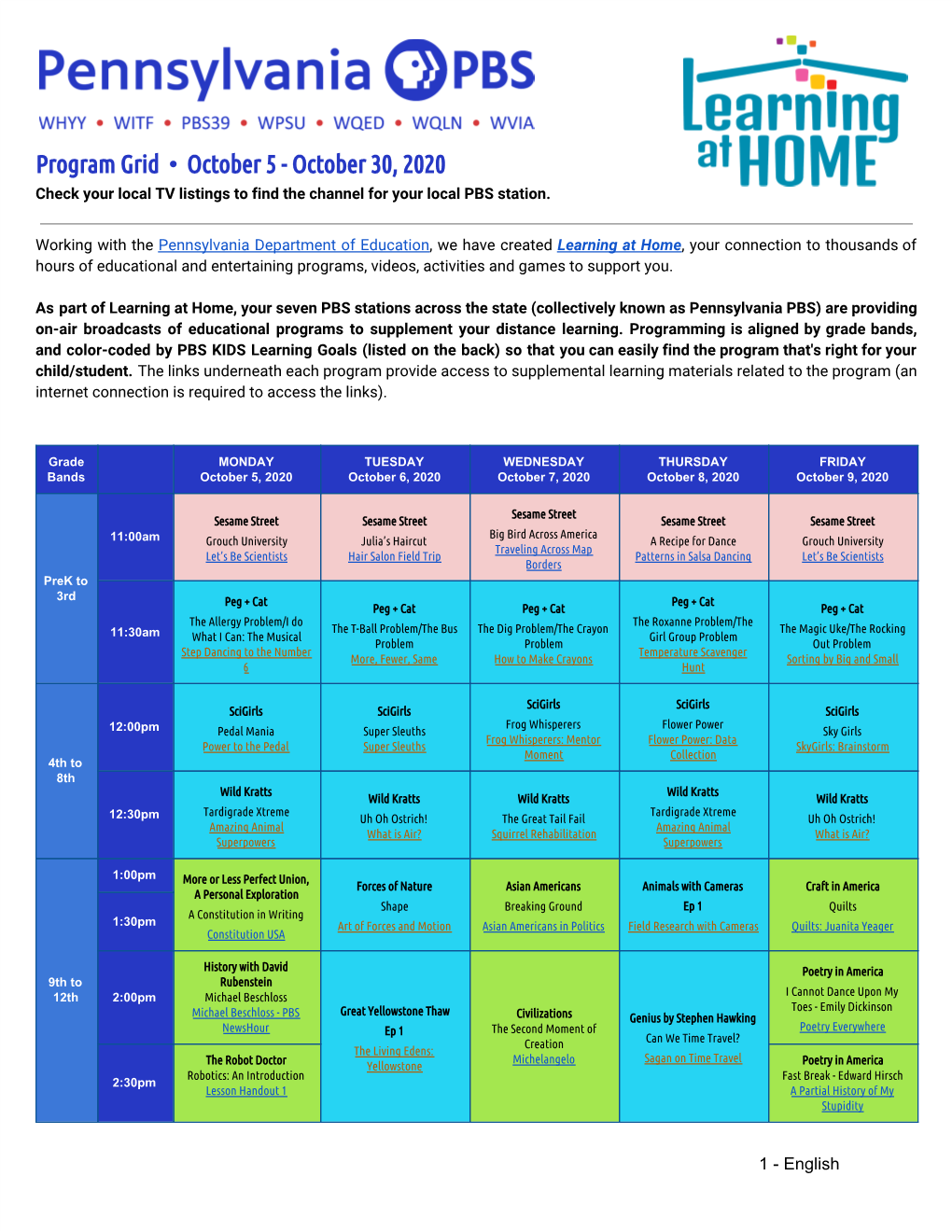 Program Grid • October 5 - October 30, 2020 Check Your Local TV Listings to Find the Channel for Your Local PBS Station