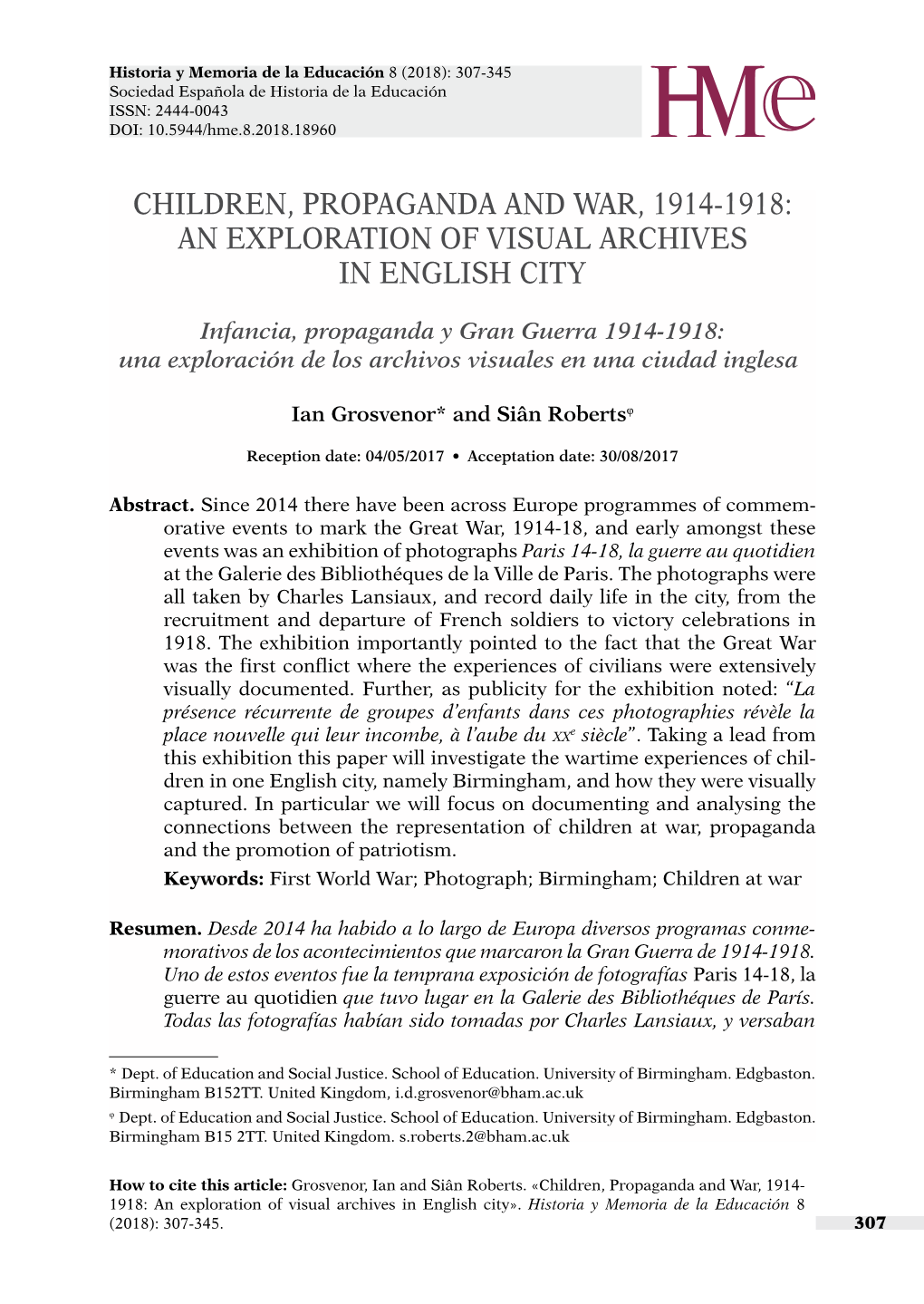 Children, Propaganda and War, 1914-1918: an Exploration of Visual Archives in English City