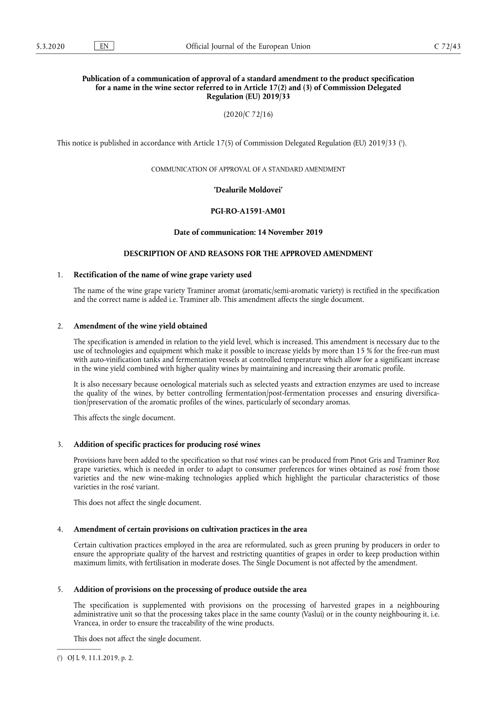 Publication of a Communication of Approval of a Standard Amendment