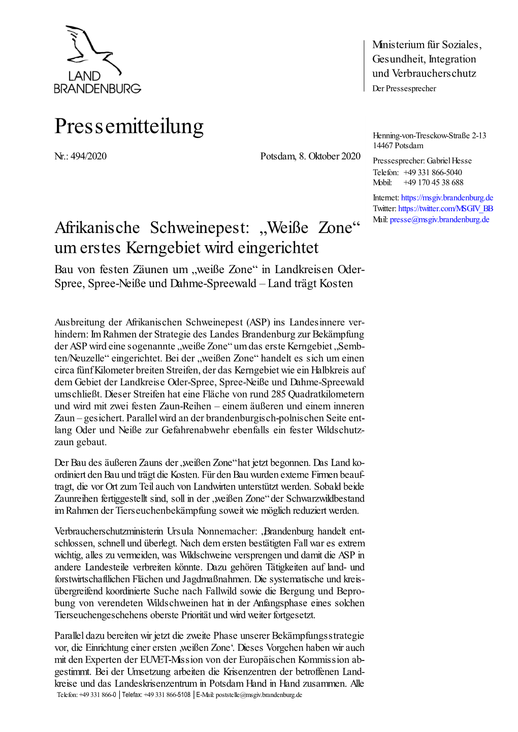 Pressemitteilung Henning-Von-Tresckow-Straße 2-13 14467 Potsdam Nr.: 494/2020 Potsdam, 8