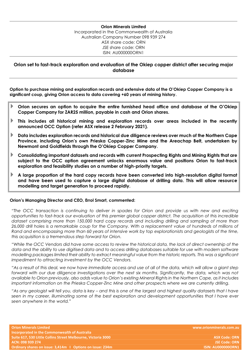 Orion Set to Fast-Track Exploration and Evaluation of the Okiep Copper District After Securing Major Database