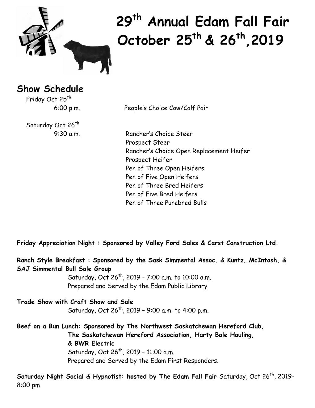 29Th Annual Edam Fall Fair October 25Th & 26Th,2019