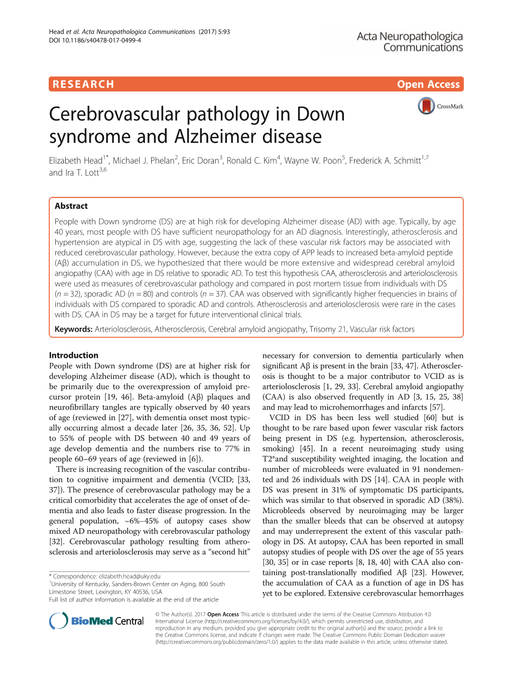Cerebrovascular Pathology in Down Syndrome and Alzheimer Disease Elizabeth Head1*, Michael J