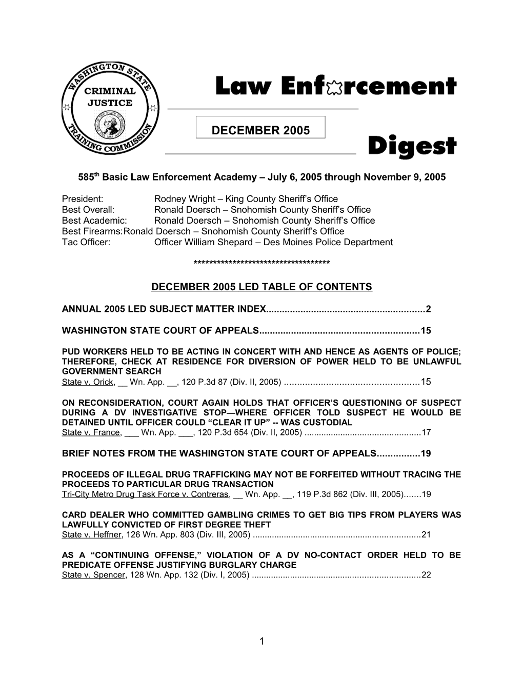 585Th Basic Law Enforcement Academy July 6, 2005 Through November 9, 2005