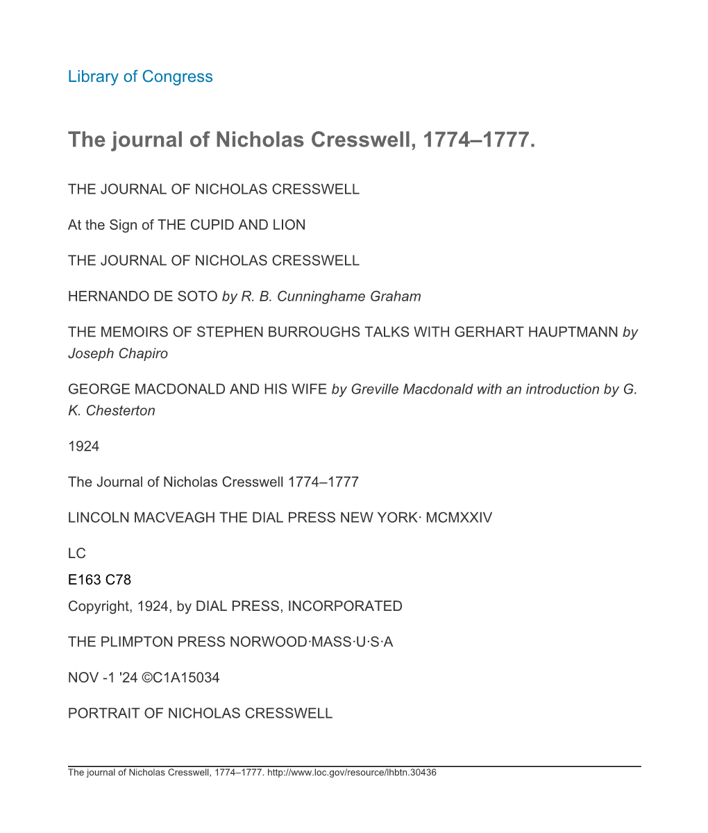 The Journal of Nicholas Cresswell, 1774–1777