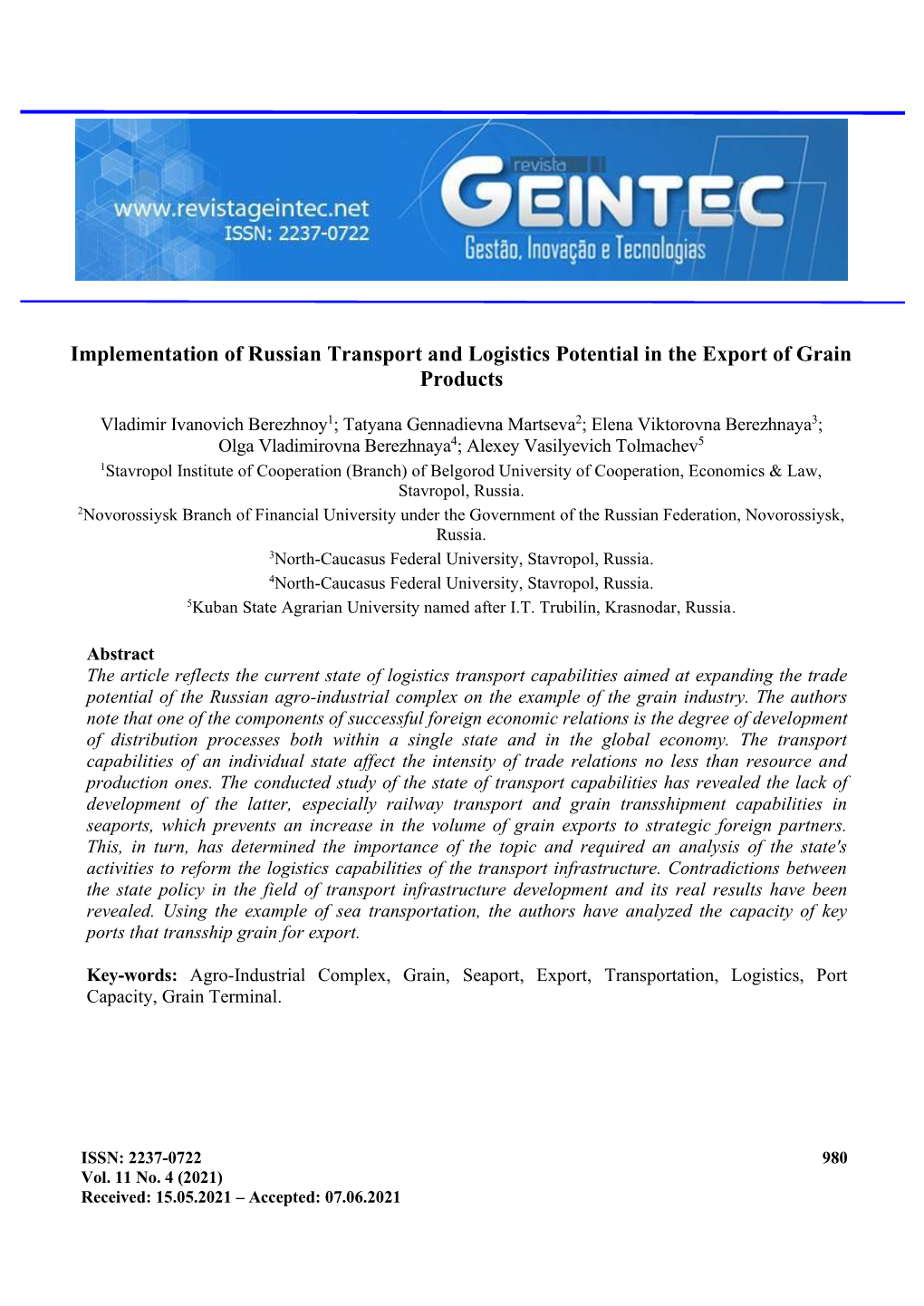 Implementation of Russian Transport and Logistics Potential in the Export of Grain Products