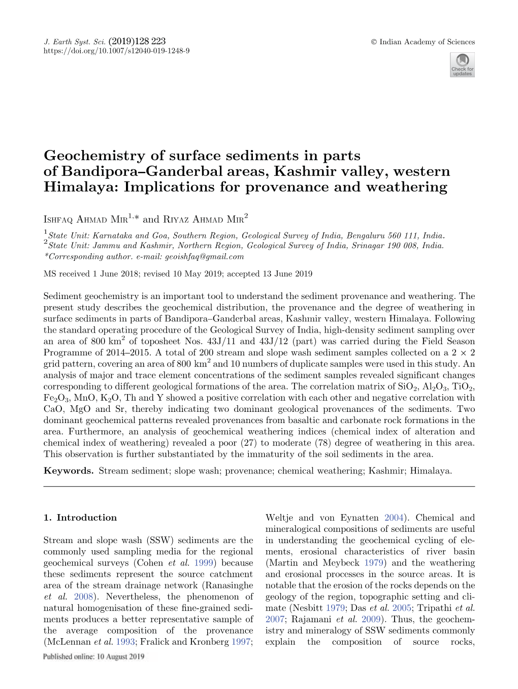 Geochemistry of Surface Sediments in Parts of Bandipora–Ganderbal Areas, Kashmir Valley, Western Himalaya: Implications for Provenance and Weathering