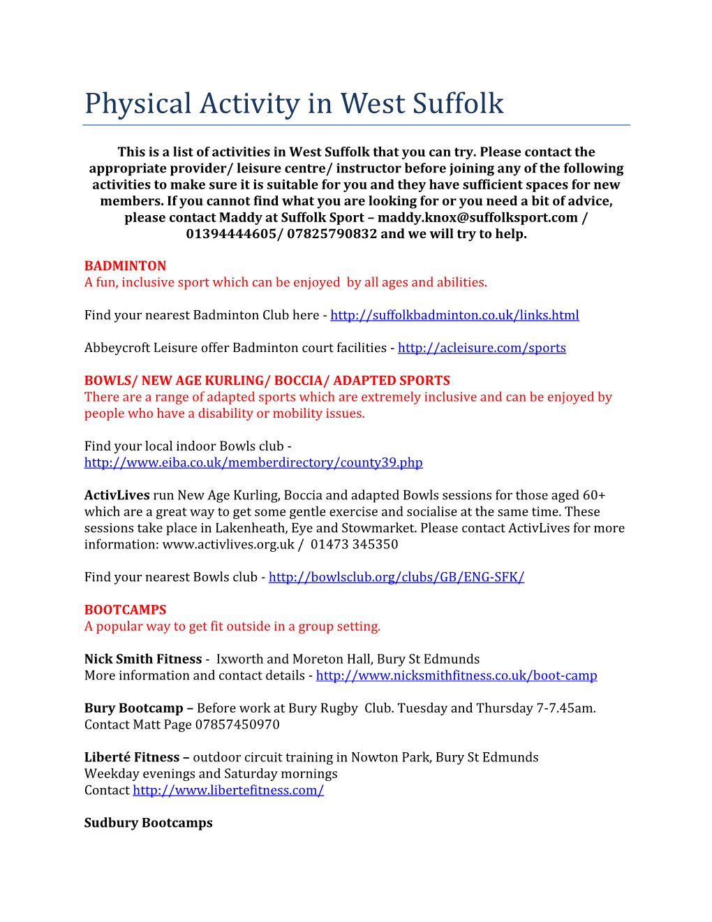 Physical Activity in West Suffolk