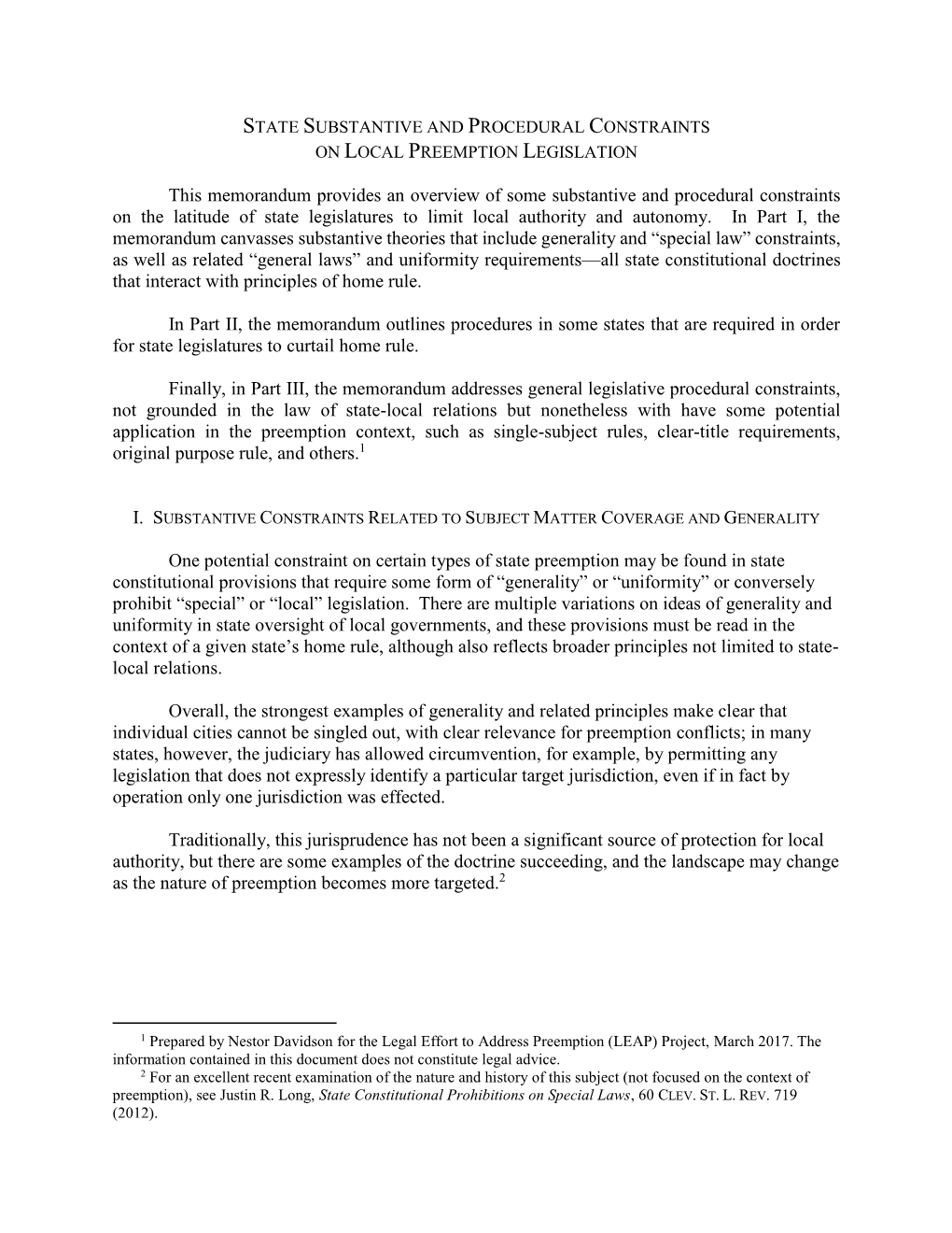 State Substantive and Procedural Constraints on Local Preemption Legislation