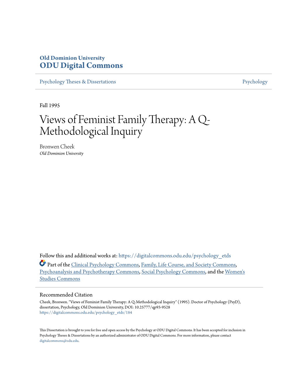 Views of Feminist Family Therapy: a Q- Methodological Inquiry Bronwen Cheek Old Dominion University