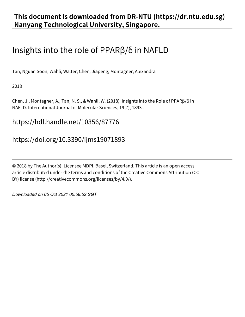 Insights Into the Role of Pparβ/Δ in NAFLD