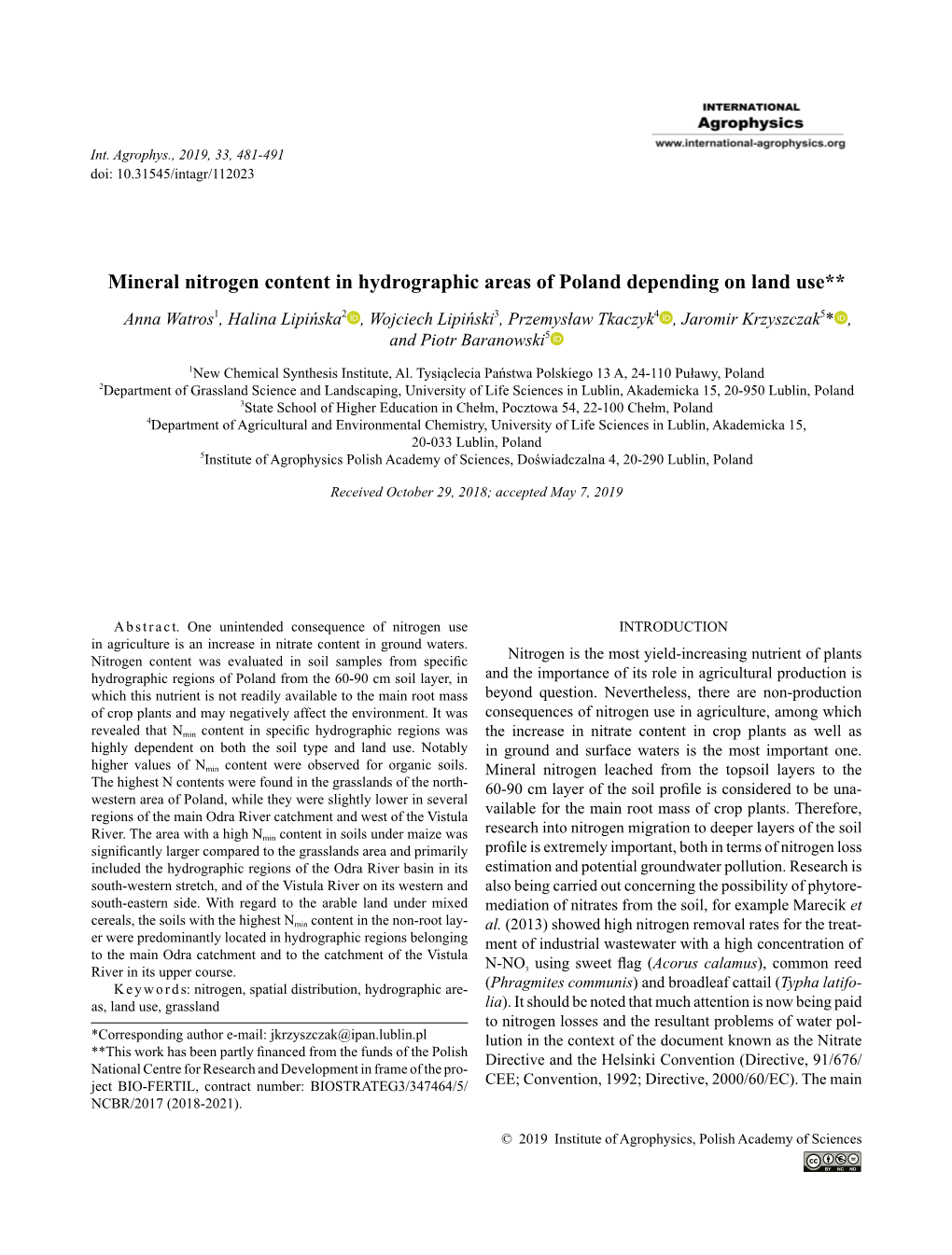 Mineral Nitrogen Content in Hydrographic Areas of Poland Depending on Land Use**