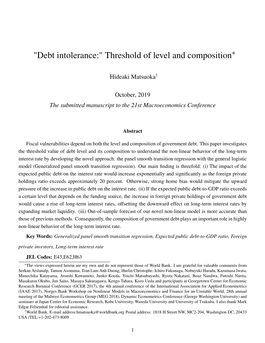 "Debt Intolerance:" Threshold of Level and Composition∗