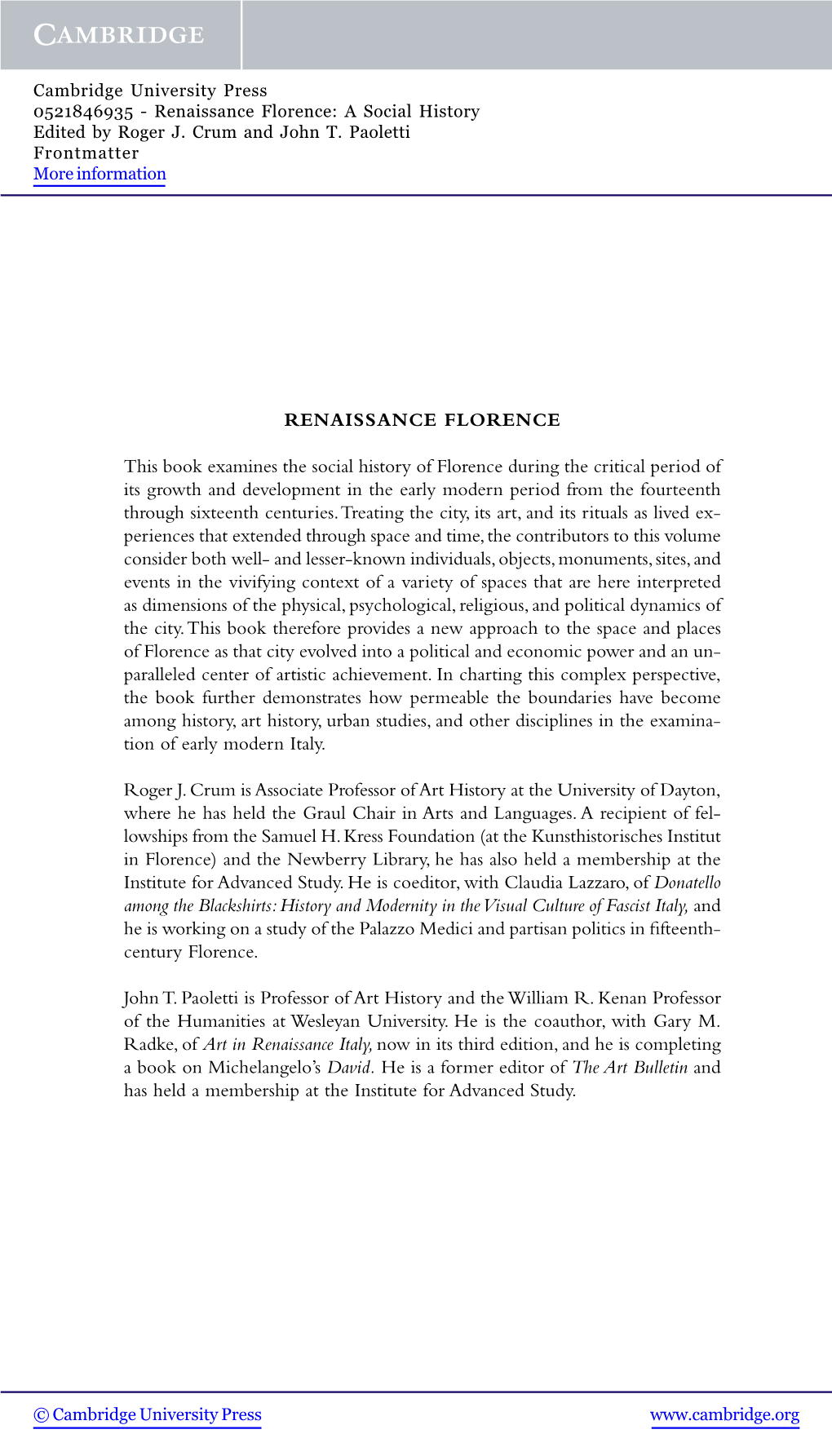 RENAISSANCE FLORENCE This Book Examines the Social History Of