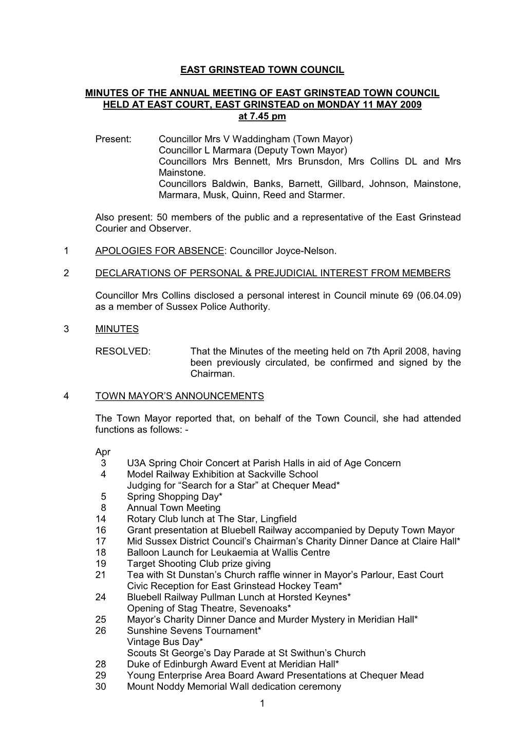 1 East Grinstead Town Council Minutes of The