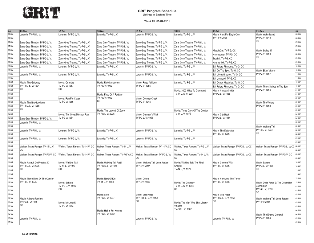 GRIT Program Schedule Listings in Eastern Time