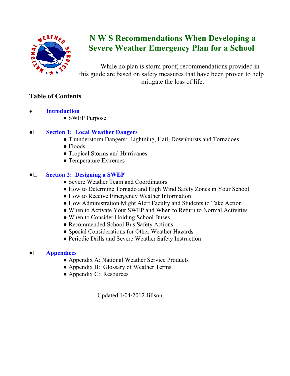 NWS Recommendations When Developing a Severe Weather Emergency Plan for a School