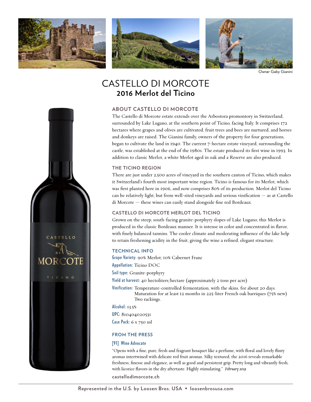 CASTELLO DI MORCOTE 2016 Merlot Del Ticino