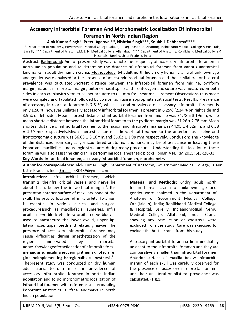 Accessory Infraorbital Foramen and Morphometric Localization of Infraorbital Foramen