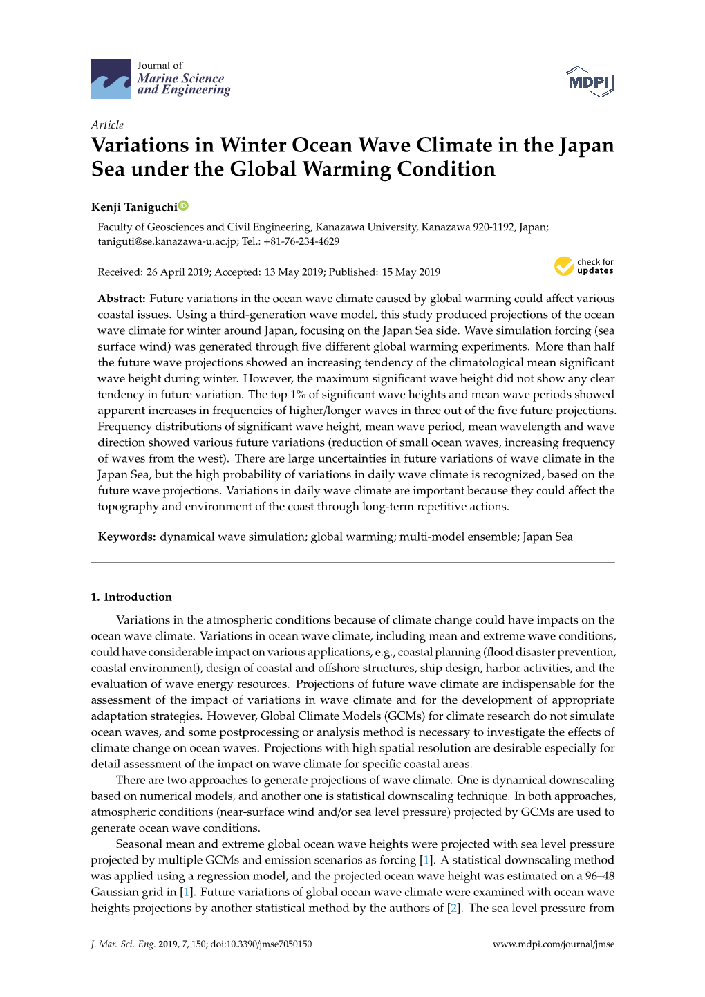 Variations in Winter Ocean Wave Climate in the Japan Sea Under the Global Warming Condition
