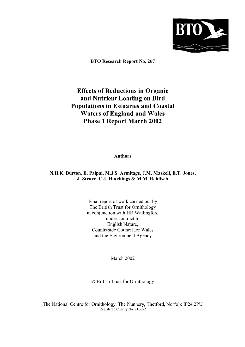 Effects of Reductions in Organic and Nutrient Loading on Bird Populations in Estuaries and Coastal Waters of England and Wales Phase 1 Report March 2002