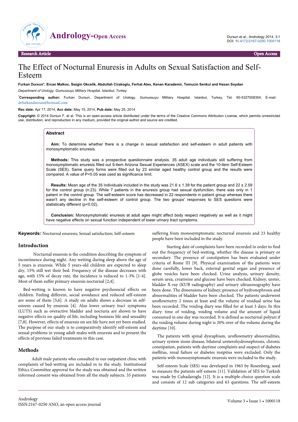 The Effect of Nocturnal Enuresis in Adults on Sexual Satisfaction and Self-Esteem